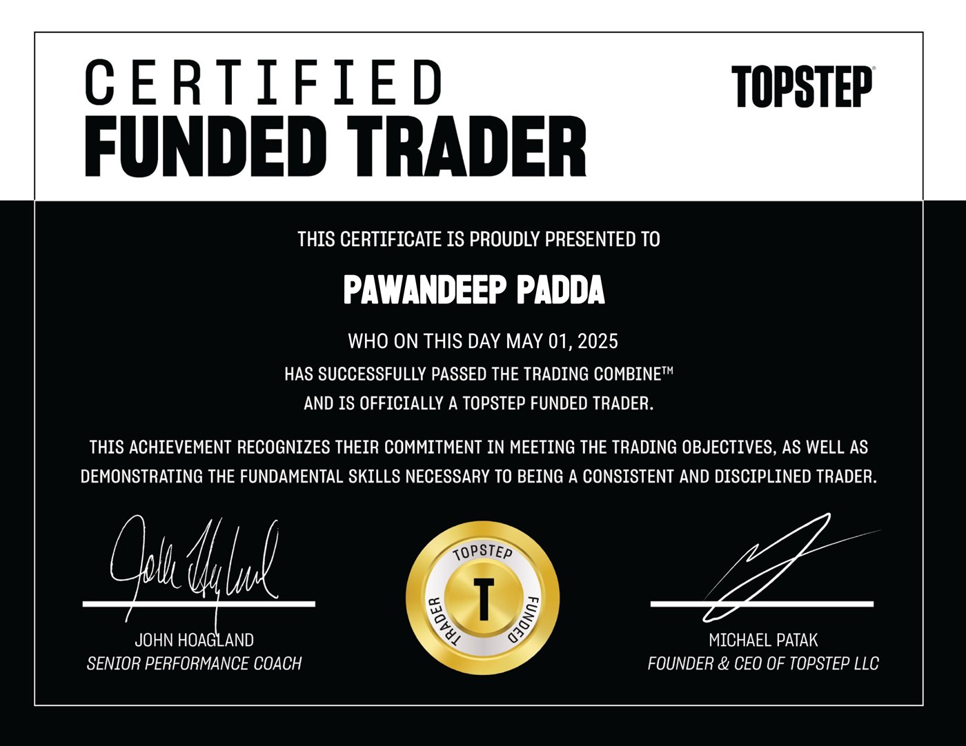 TopStep Certified Funded Trader certificate — passed the Trading Combine, May 2025