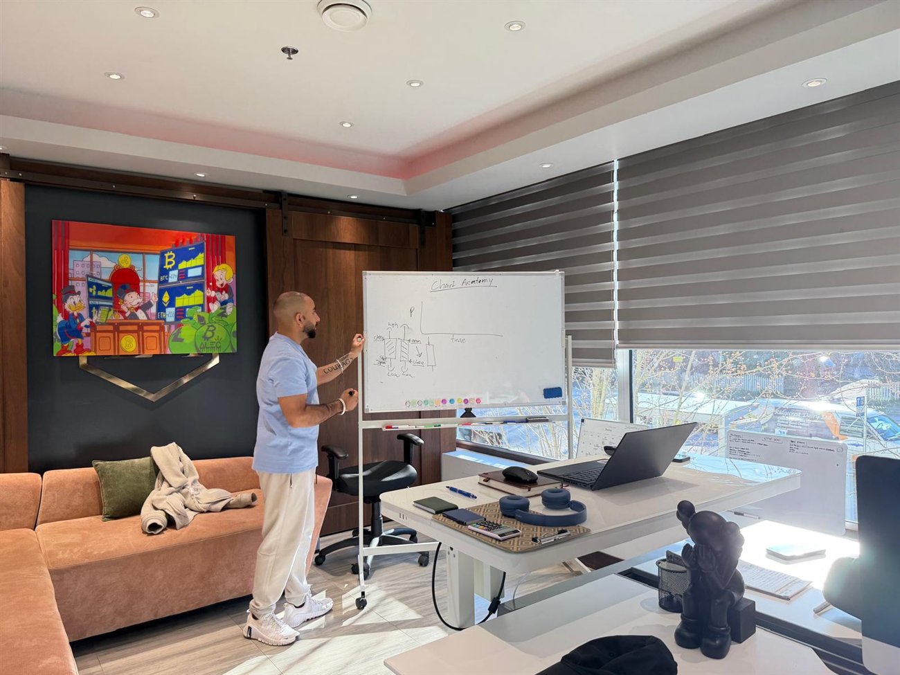 Instructor teaching a live class — breaking down chart anatomy on the whiteboard